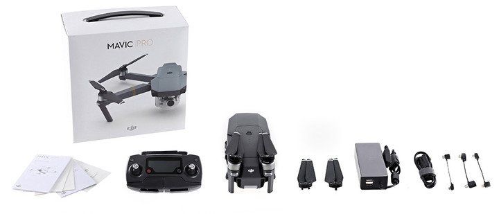 componentes del dron plegable dji mavic pro con caja sobre fondo blanco