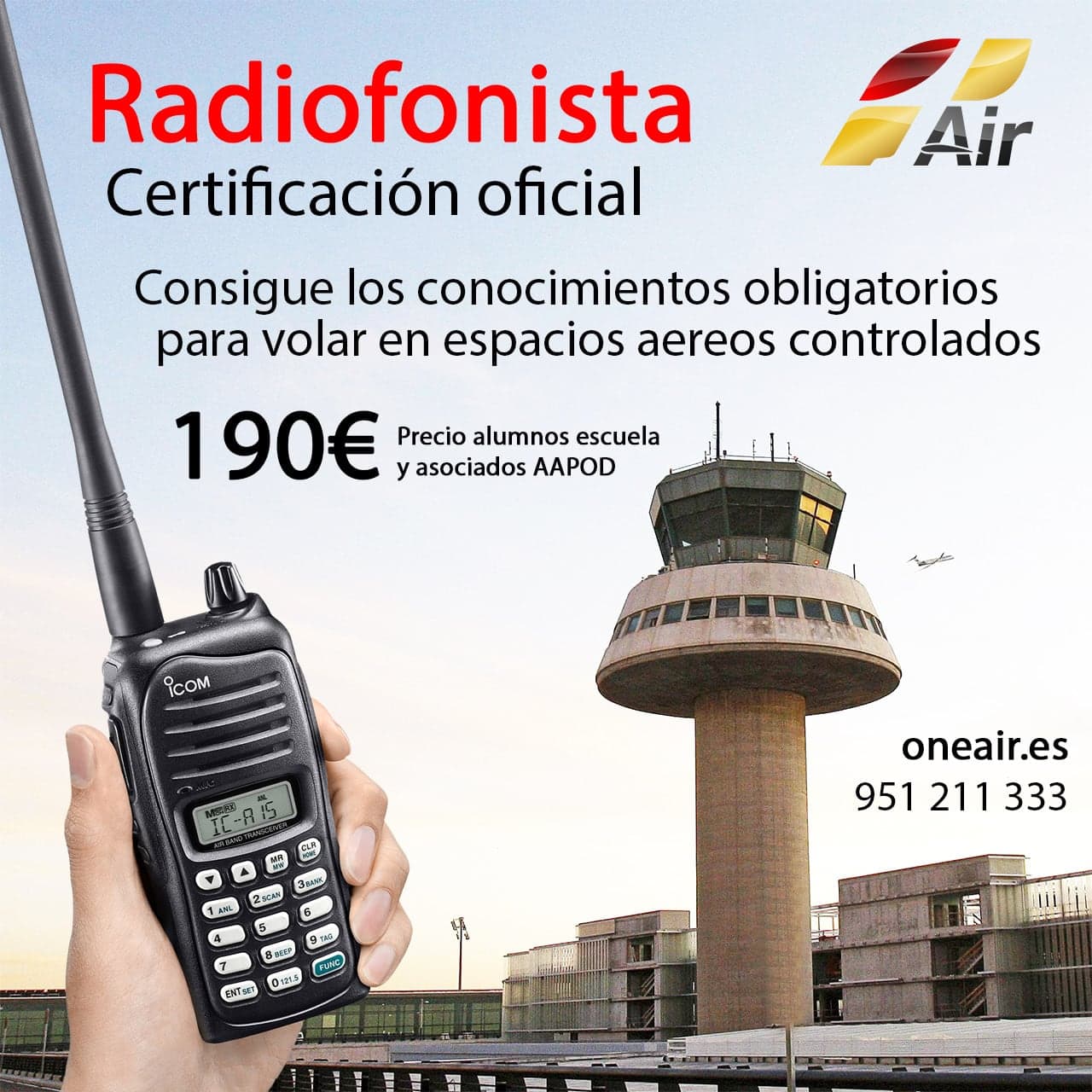 curso-radiofonista-malaga torre de control de aeropuerto y una mano con una radio para hablar de forma remota
