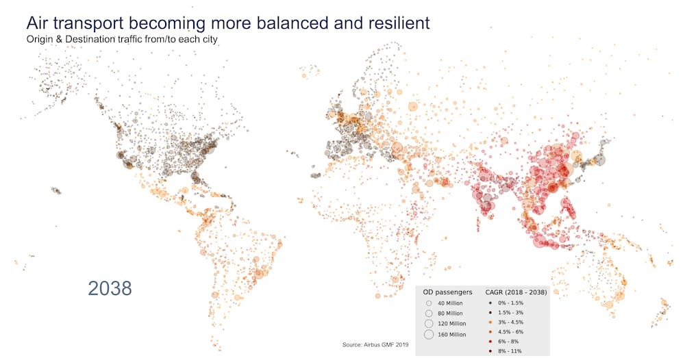 Mapa mundial ue refleja el cambio en las tendencias del origen y destino de los vuelos en los próximos 20 años.