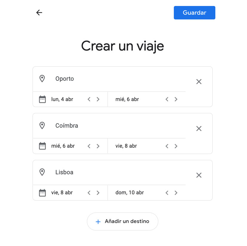 Ejemplo de viaje creado con Google Flights.