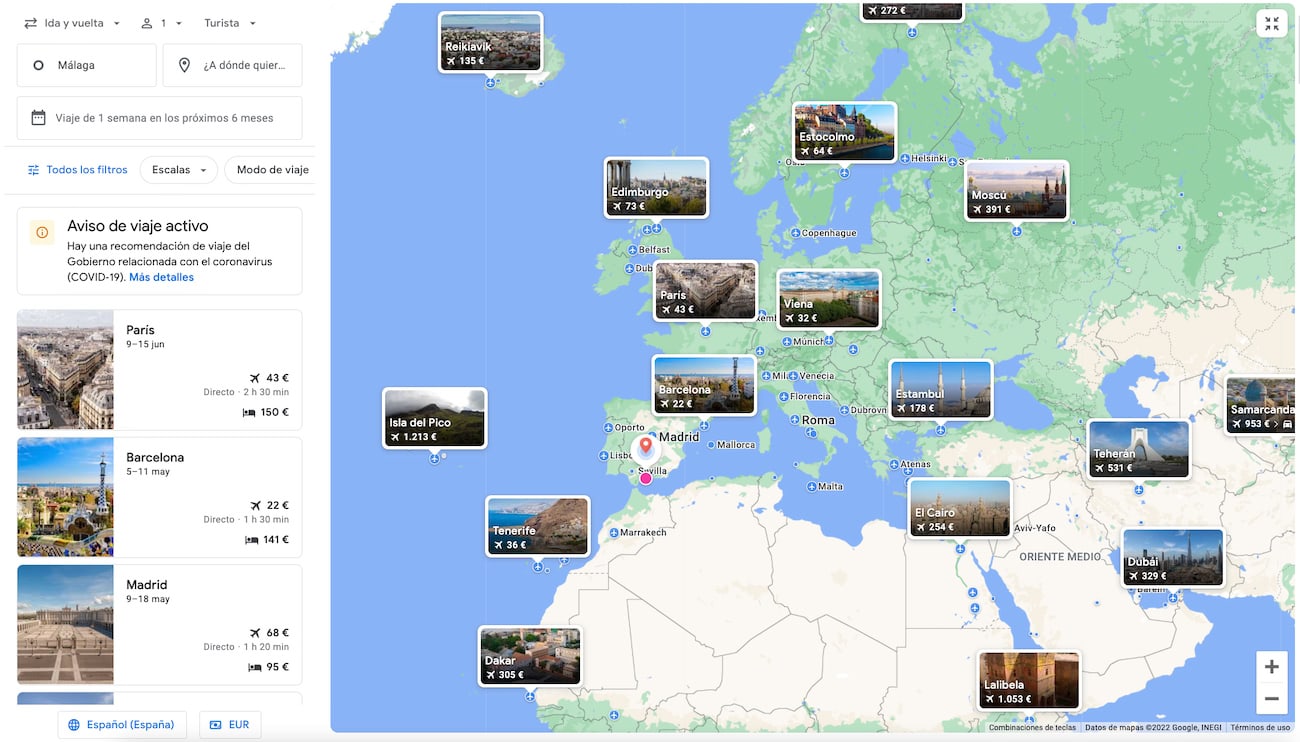 Mapa visual de los vuelos más baratos a distintos destinos que te muestra Google Flights.