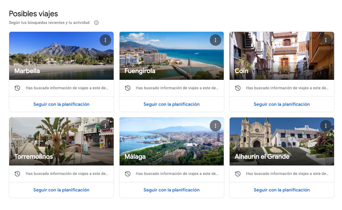 Posibles viajes que puedes realizar según tus sugerencias de Google Flights.