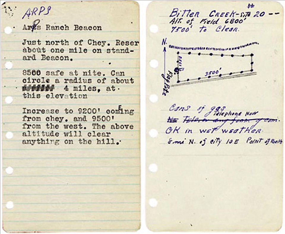 Dos páginas del 'Little Black Book' de Elrey Jeppesen: El rancho Arps (a la izquierda) y Bitter Creek.