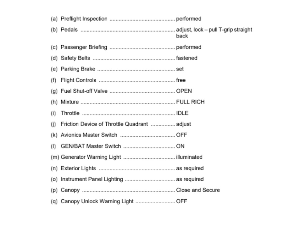 checklist previa a arrancar el avión diamond da20