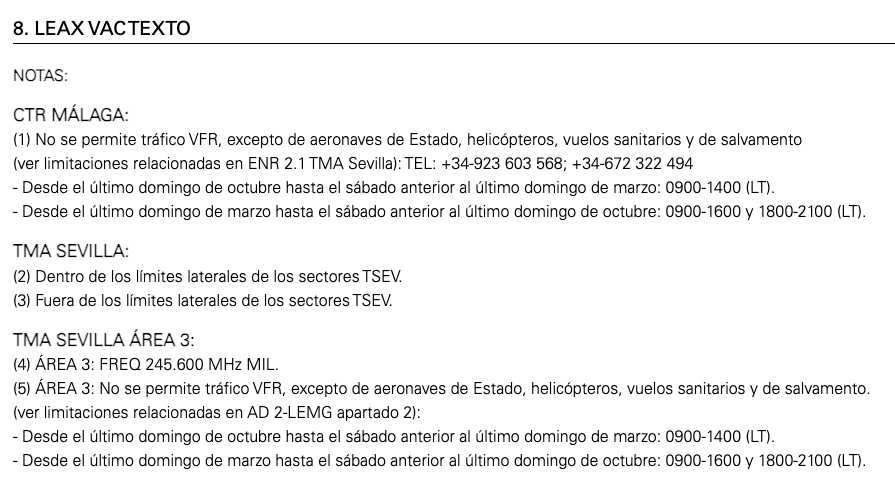 Información de texto en una carta de aproximación visual del Aeródromo Leoni Benabú (LEAX) en La Axarquía de Málaga.